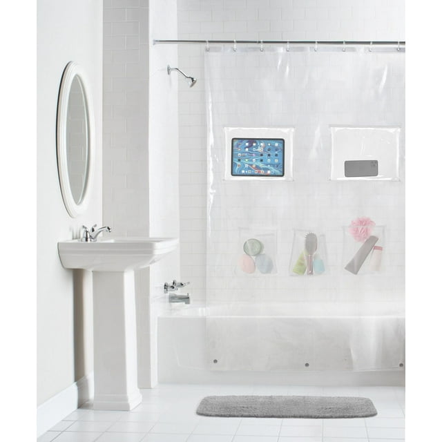 Mainstays Heavyweight Waterproof PEVA Shower Curtain with 2 Waterproof and 3 Mesh Storage Pockets, 72" x 72", Clear