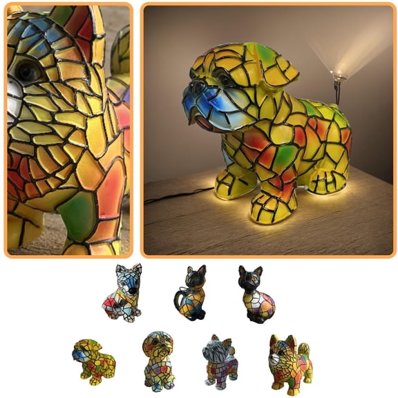Small Shelf Decor, Whimsical Room Decor, Coffee Table Decor for Living Room, Housewarming Decorations, Mosaic Stained Glass Style Husky Animal Statue Night Light, Compact Accent