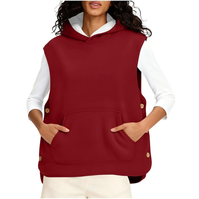 Women's Solid Colour Hooded Pockets, Side Closures, Loose Relaxed Composite Fleece Top Coat