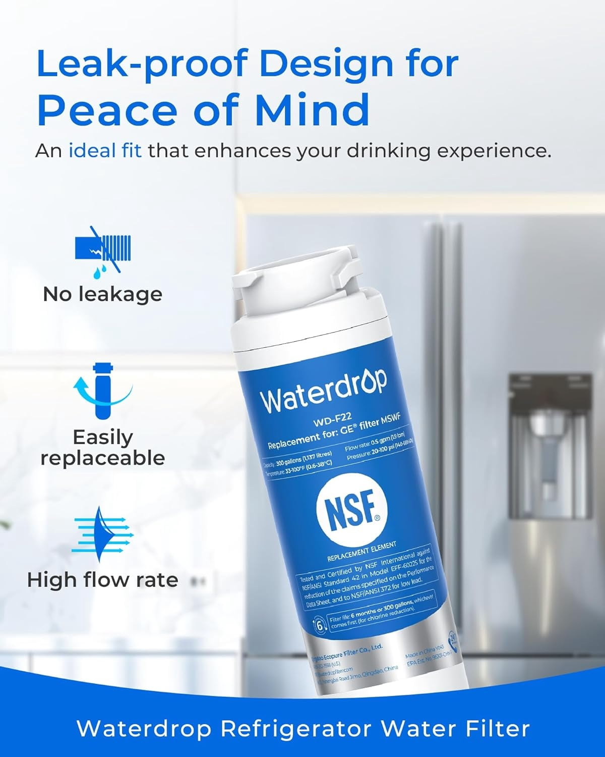 Waterdrop NSF 42 Certified Refrigerator Water Filter, replacement filter for GE® MSWF, 101820A, 101821B, 101821-B, Advanced