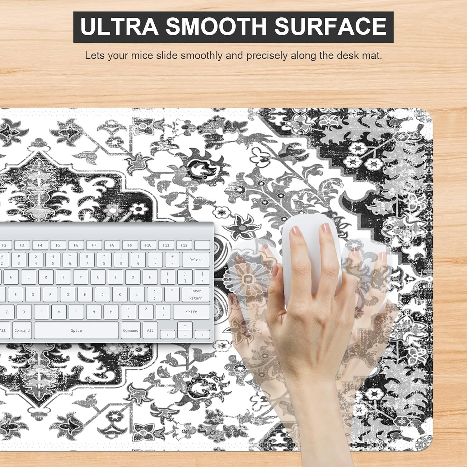 Desk Mat, Boho Large Mouse Pad for Desk, XXL Extended Keyboard Pad Gaming Mouse Pad Office Desk Accessories for Women Desk Organizers, Floral Gray