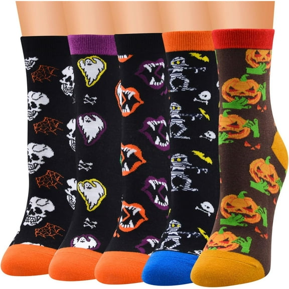 5 Pairs Halloween Socks Women's Cool Colorful Fancy Novelty Pumpkin Socks Funny Casual Combed Cotton Crew Socks for Women Men