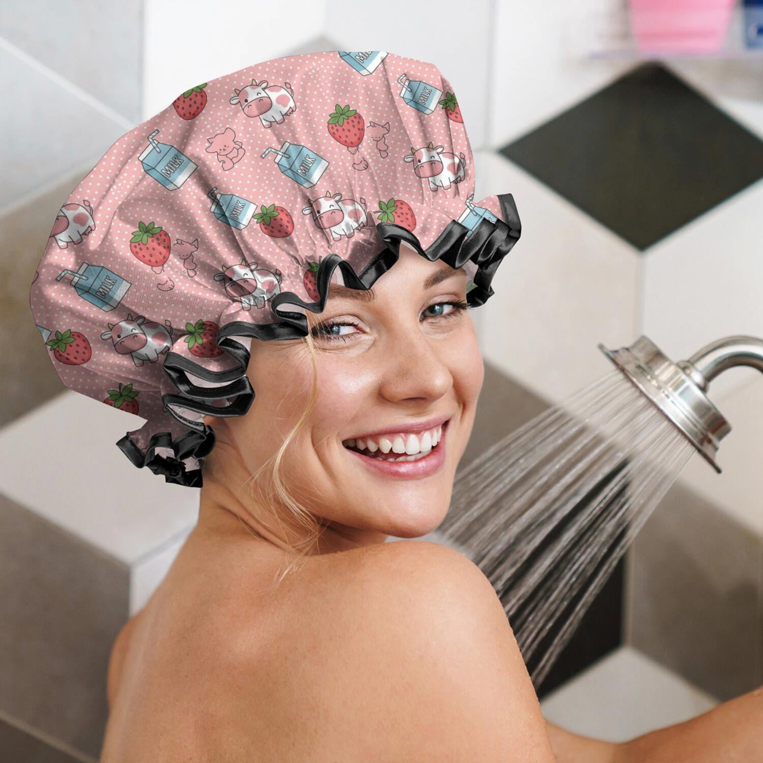 Shower Caps,Pink Cow Milk Strawberry Pattern Waterproof Shower Cap for Women 4 Pieces,Double Reusable Hair Cover for Shower PEVA Elastic Stretch Hem