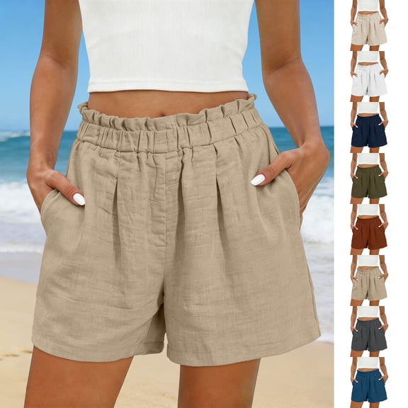 Axiiglly Cotton Shorts for Women Elastic Waist Breathable Workout Shorts Solid Color Lightweight Outdoor Casual Shorts for Holidays S-3XL