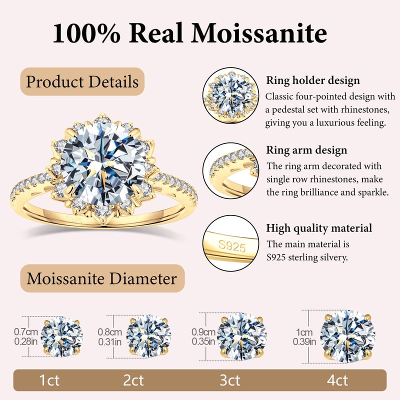 Aurora&Fiori 0.5carat Round Cut Moissanite Engagement Ring for Women 18K Yellow Gold Plated S925 Sterling Silver Flower Halo Promise Ring