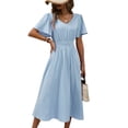 thumbnail image 4 of Women Casual Midi Maxi Dresses Polka Dot Print Short Sleeve V Neck Elastic Waist Boho Beach Dress Light Blue M, 4 of 9