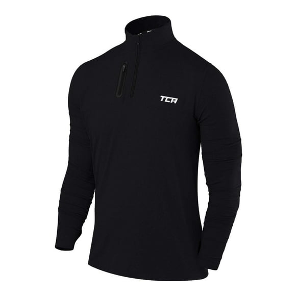 TCA Men's Fusion Pro Quickdry Long Sleeve Half Zip Running Shirt – Athletic Workout Pullover with Pocket & Thumb Holes- Black, Large