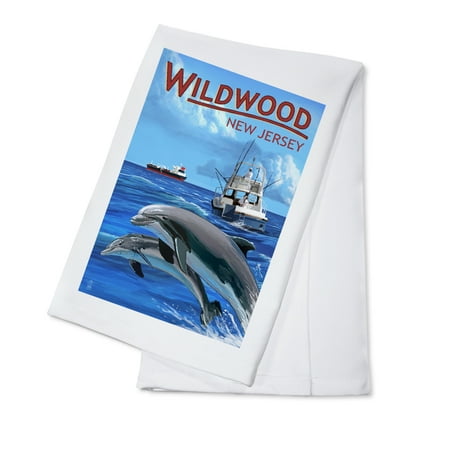 - Wildwood, New Jersey - Fishing Boat with Freighter and Dolphins - Lantern Press Artwork (100% Cotton Kitchen Towel)