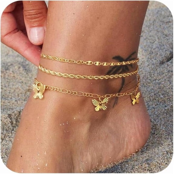 Ladies' gold anklet set, 18K gold / silver-plated waterproof multi-layer lightweight Cuban chain heart-shaped anklet butterfly anklet pearl anklet set, fashionable jewelry for ladies, birthday gift