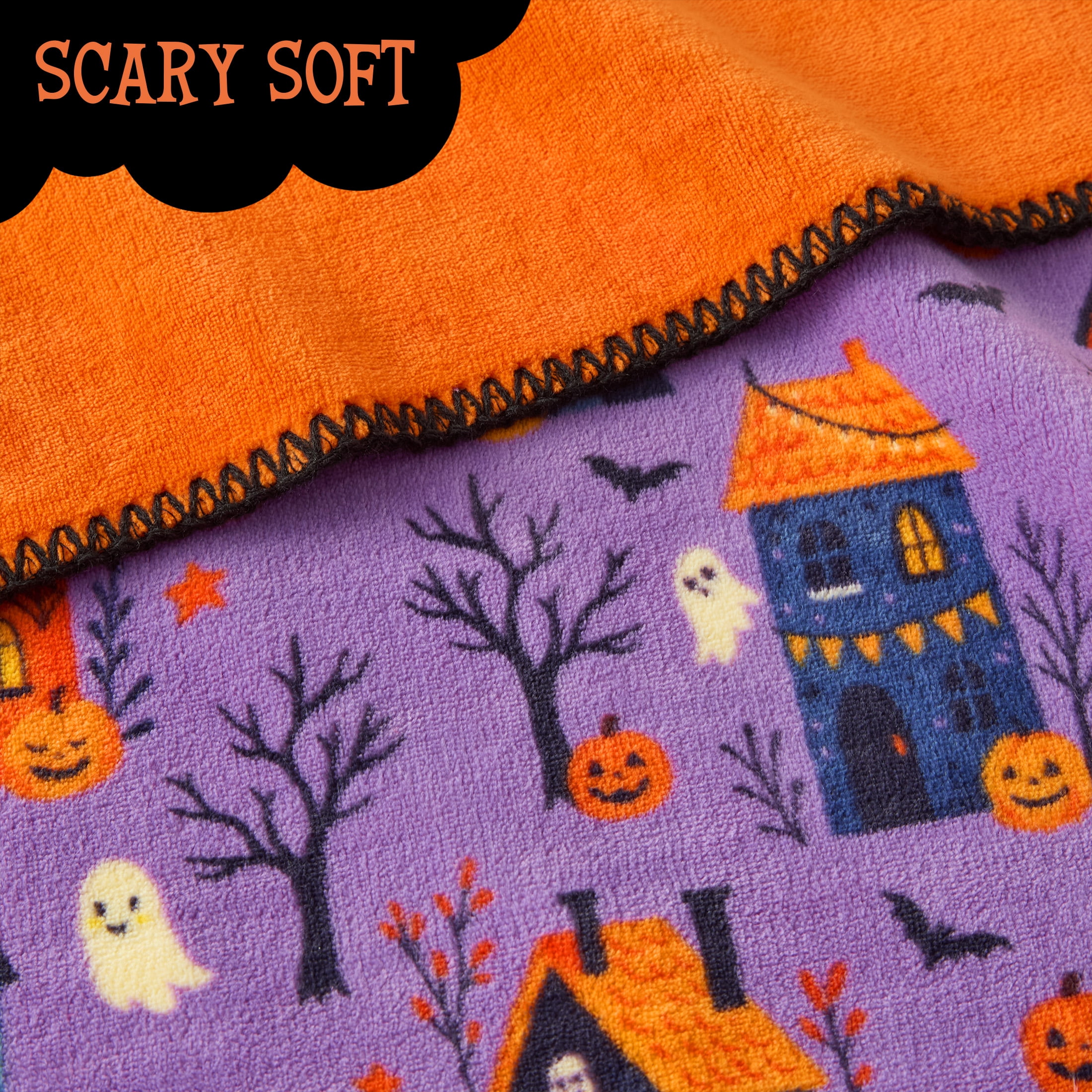 Boo-tique Halloween Reversible Oversized Couch Throw Blanket, Haunted Houses, Purple, 50 x 72 in