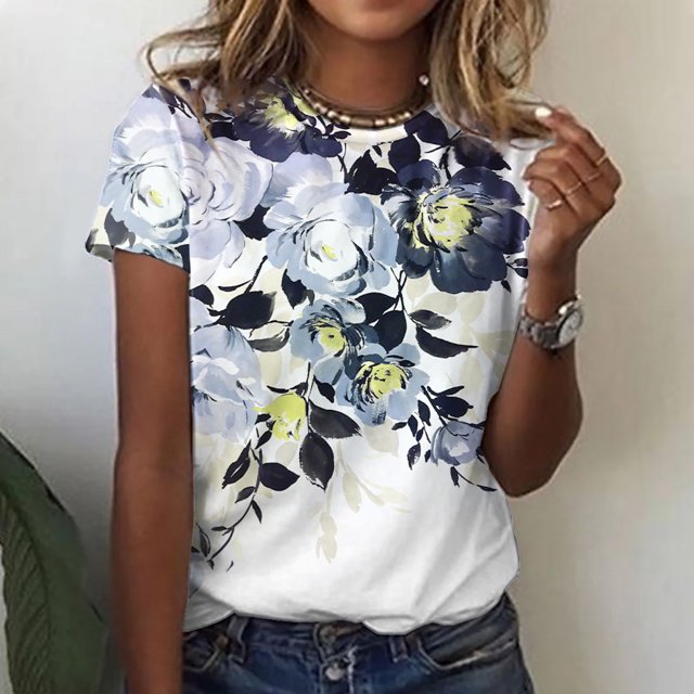 T-Shirt Décontracté à Manches Courtes Imprimé Floral Col Rond pour Femmes