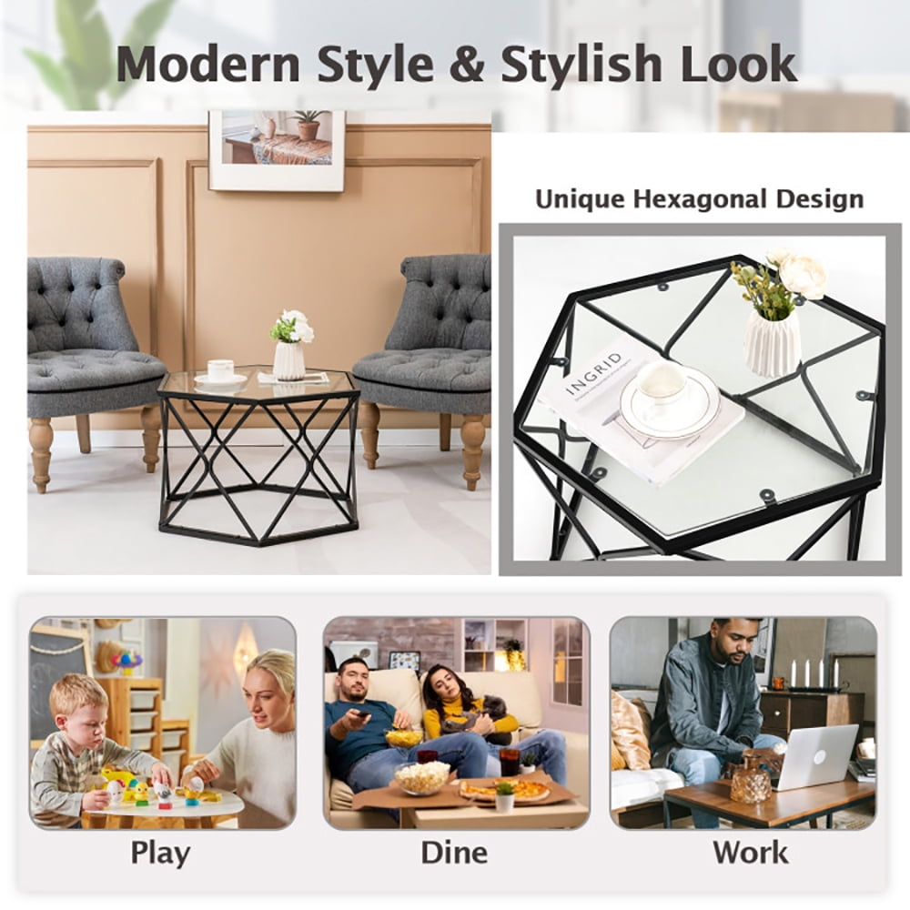 Finihen Coffee Table, Glass Coffee Table, Modern Accent Geometric Glass Coffee Table, for Living Room, Reception Room, Black Finihen Coffee Table, Glass Coffee Table, Modern Accent Geometric Glass Coffee Table, for Living Room, Reception Room, Black