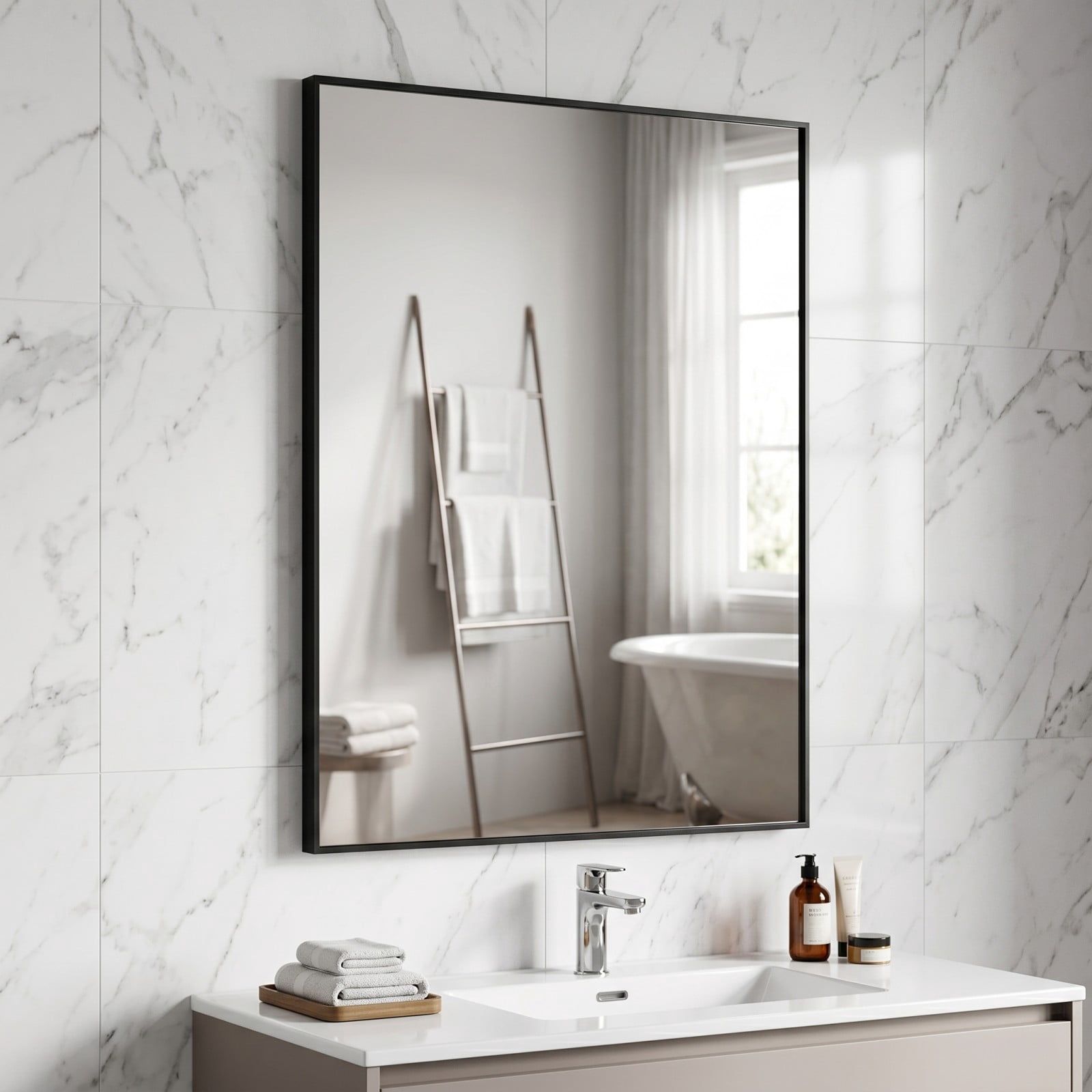 Gleamira 36"x40" Rectangular Bathroom Wall Mounted Mirror Vanity Mirror, Black