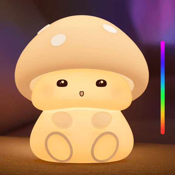 Mushroom Night Light, White/Yellow Silicone, Touch Control, 3 Brightness Levels, 7 Color Changing, LED, USB Rechargeable, Modern Style