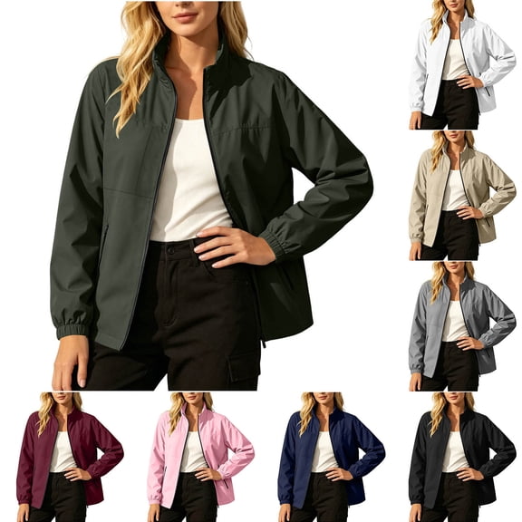 Tqcoqu Stand Collar Waterproof Windbreaker Jacket for Women,Full Zip Long Sleeve Zip Pockets Lightweight Outdoor Casual Coat,Army Green Women's S-XXL