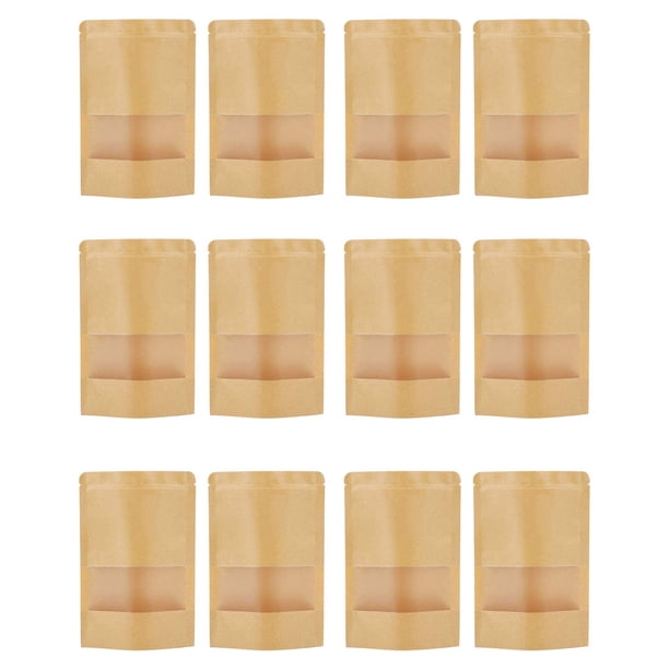Kearding 50 pack/lote bolsa de papel con cierre de cremallera de pie con bolsas Kraft de gran capacidad con ventana que ahorra espacio Organizadores de utensilios de cocina marrón claro 15*10 cm