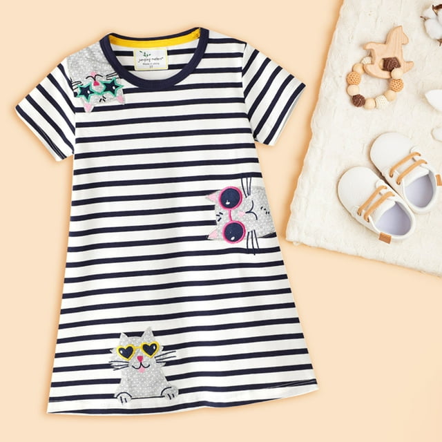 Robes à Manches Longues pour Filles avec Appliques de Dessin Animé Rayées pour Printemps et Été - Robe Tunique de Jeu avec Imprimés et Tissu Confortable
