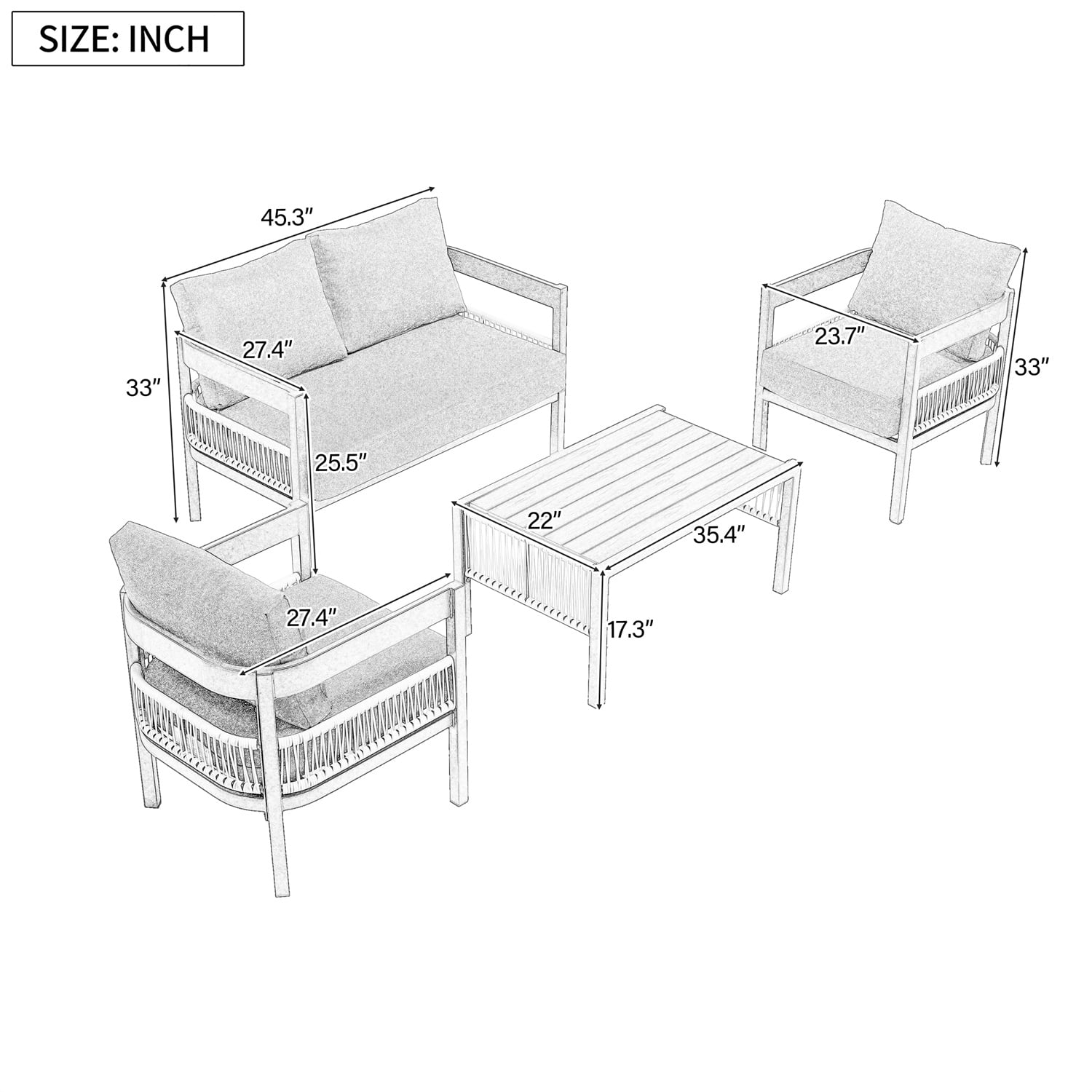 YIORTWO 4-Piece Outdoor Seating Set, All-Weather Patio Furniture with Table & PE Wicker, for Garden, Lawn, Poolside, Navy