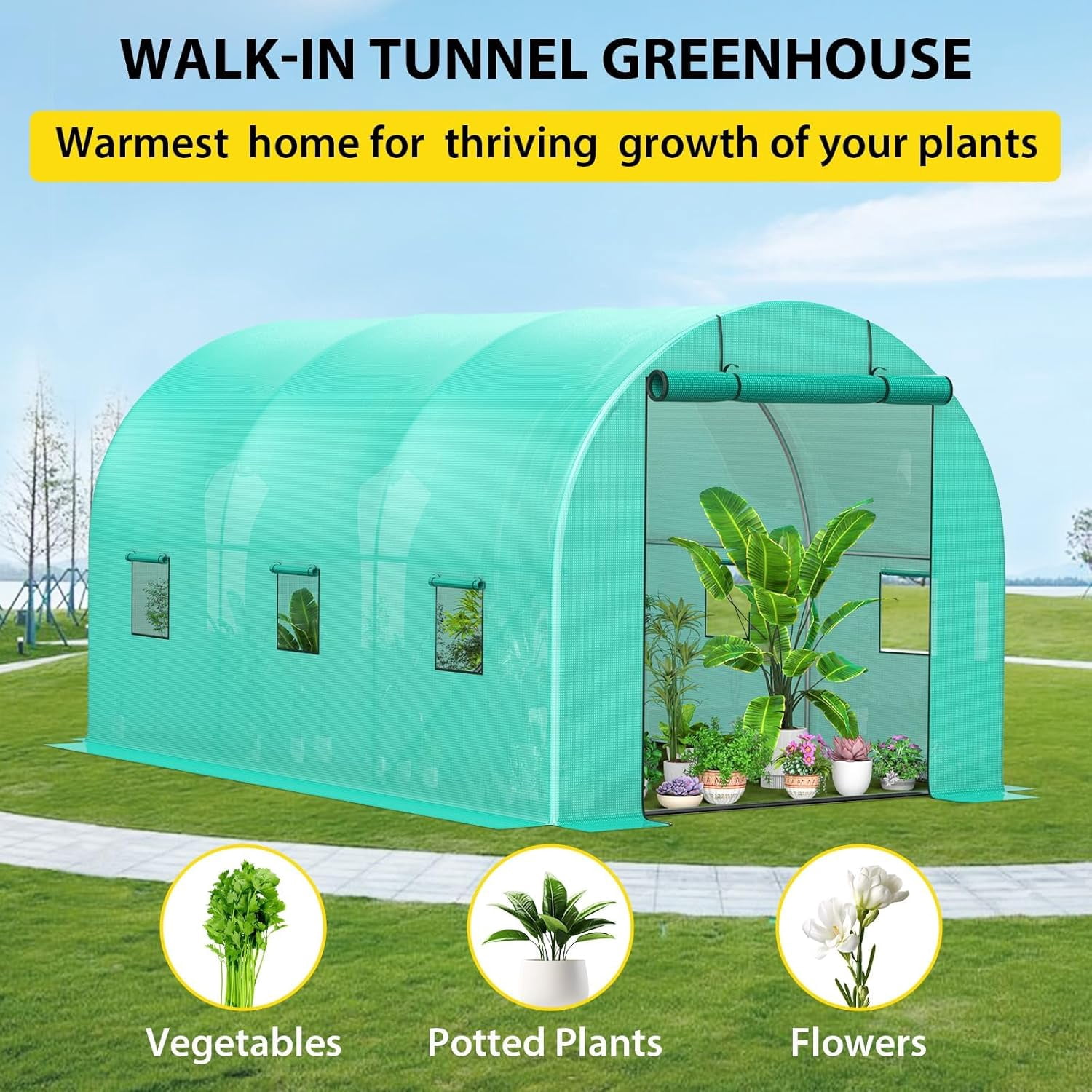 Acekid 8x13x7FT Walk-in Greenhouse, Portable Tunnel Tent with 19x0.6 Galvanized Pipes, Full-Opening Zipper Door & 6 Screen Windows, Outdoor Greenhouse