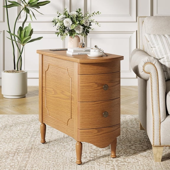 Vividwood Narrow 2 Drawers End Table with Charging Station for Living Room, Pre-Assembly, Walnut