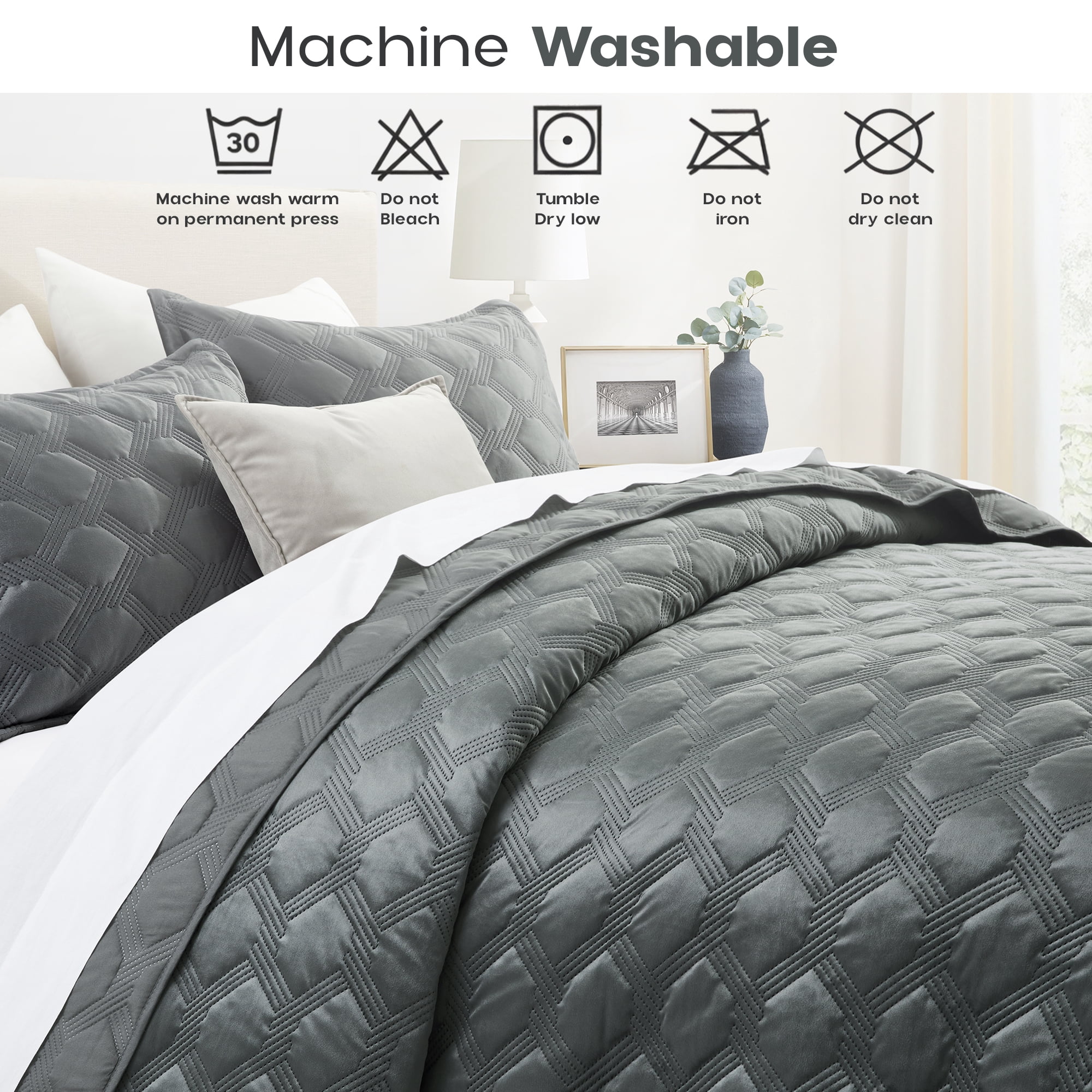 Ameha Velvet Quilt Set 3 Piece Geometric Ultrasonic Embossed Bedspread Reversible 350GSM Soft Microfiber Bedding Grey Full/Queen