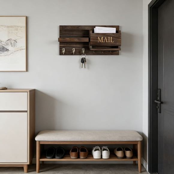 Wall Mounted Mail Organizer and Key Holder with Shelf and Hooks, Wooden Entryway Coat Rack for Keys, Mail, Sunglasses and Home Decor