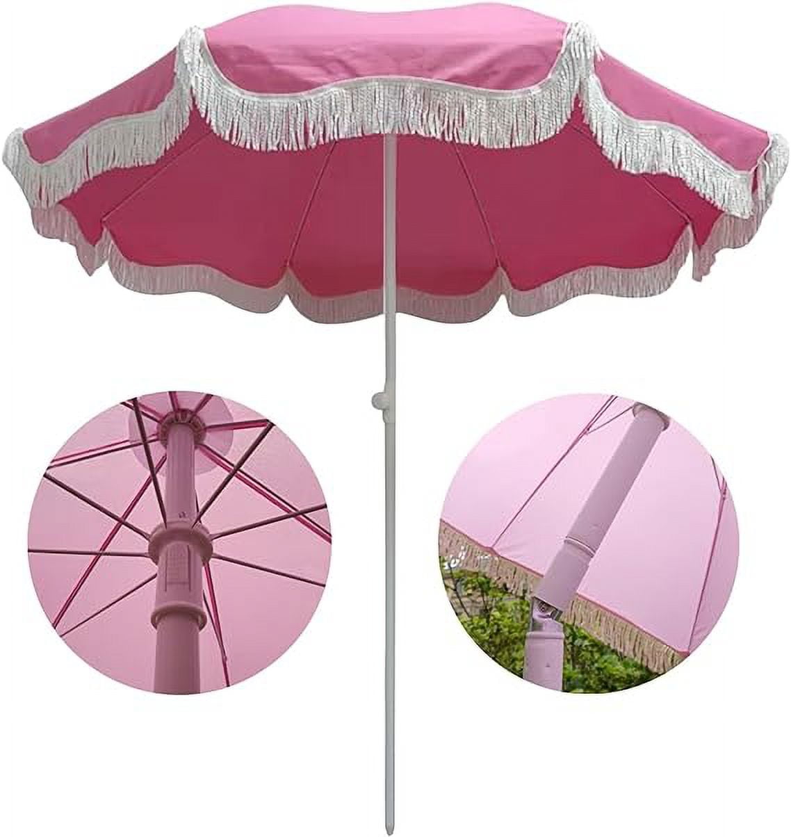 Boho Beach Umbrella with Fringe Pink Patio Umbrella 6.5ft Portable Outdoor Umbrella for Table Tilt Pool Umbrella Rainproof Holiday Umbrellas Patio Parasol with Carry Bag UV Protection