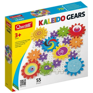 Quercetti: Kaleido Gears - 55pc Interactive Building Playset, 3 Sized Colorful Gear Plates, Chain Reactions Construction Toy, STEM Activity, Kids 3 