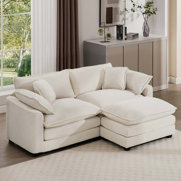 CoSoTower Corduroy Two-Seater Sofa with 1 Footrest, L-Shaped 2-Seater Sofa with Ottoman for Small Living Spaces, Light Beige Corduroy Sofa