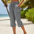 thumbnail image 2 of Summer 3/4 Capris for Women Straighte Leg Loose Capri Pants Elastic Waist Cropped Striped Palazzo Trousers with Pocket Black S, 2 of 6