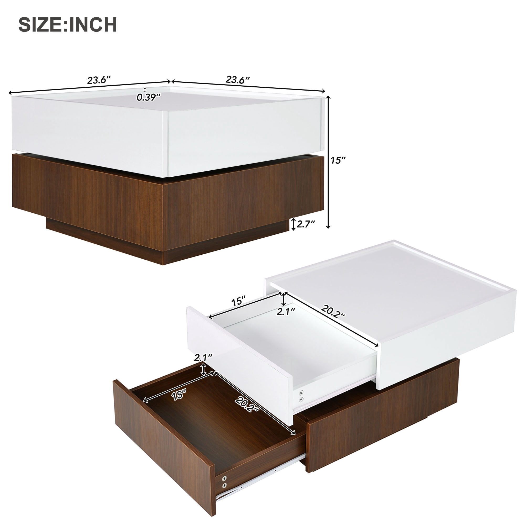 PORKISS 360 Rotating Coffee Table, Square Coffee Table with 2 Drawers, Modern Storage Coffee Table with Swivel Tabletop and Storage, High Gloss Walnut Table Frame Side Table for Living Room, White