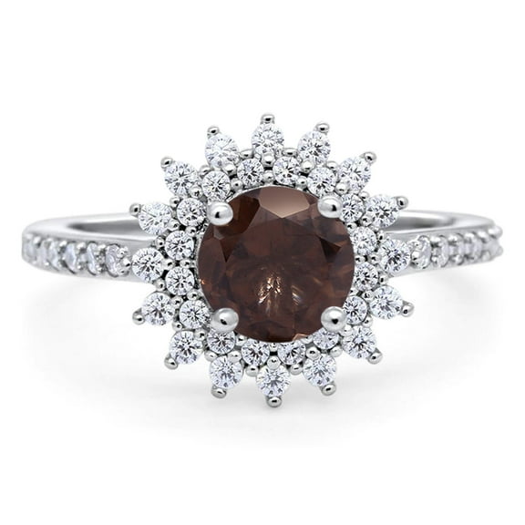 Halo Art Deco Natural Chocolate Smoky Quartz Halo Wedding Round Ring 925 Sterling Silver Size 5