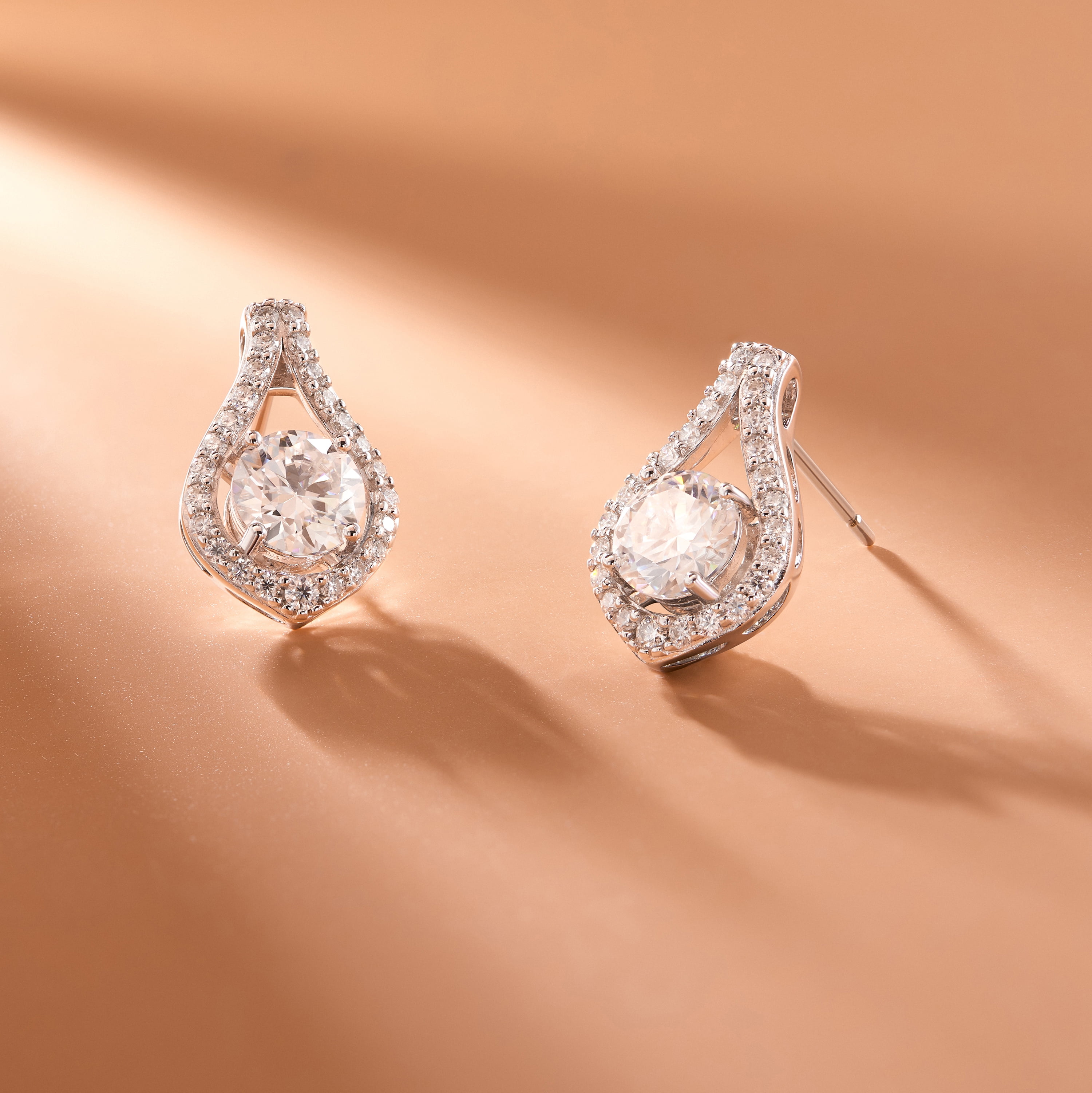 Forever Facets Moissanite Earrings in Rhodium Plated Sterling Silver, Adult Female