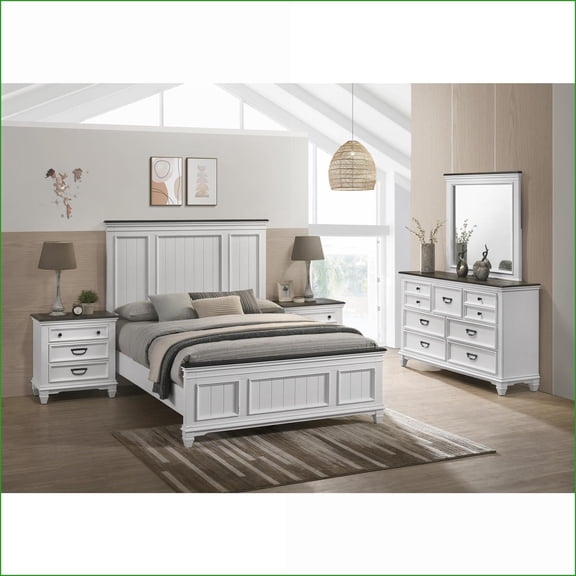 Bedroom Furniture Set Queen Modern Farmhouse Weathered White with Bed, Dresser, Mirror, 2 Nightstands | Wood | Standard Beds