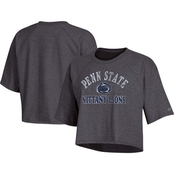 Women's Russell Athletic Heathered Charcoal Penn State Nittany Lions Raglan Half-Sleeve Cropped T-Shirt