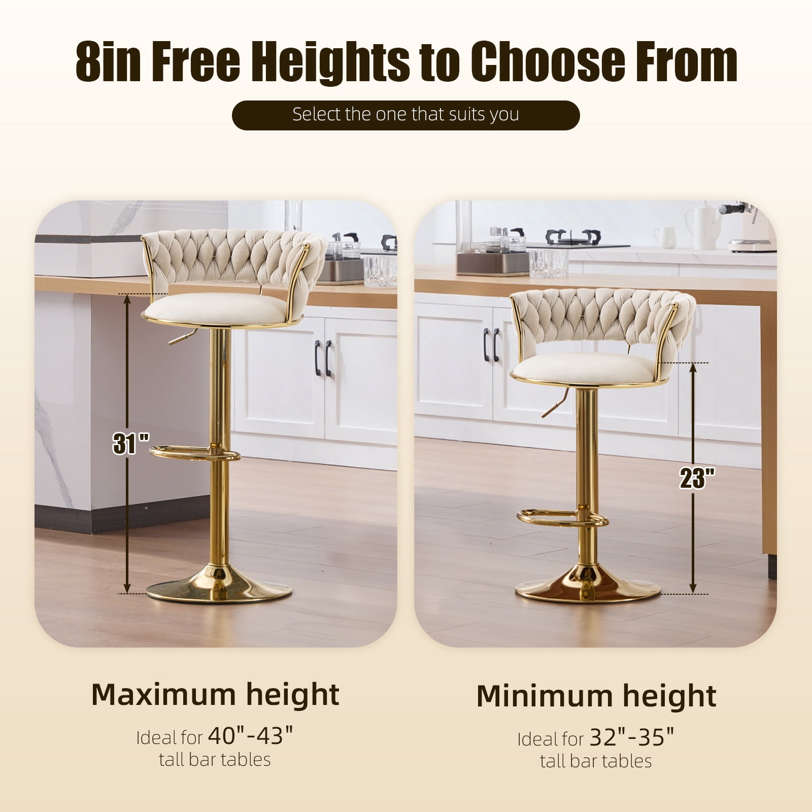 MOONMISS Velvet Upholstered Adjustable Height Swivel Armless Bar Stools with Golden Footrest(set of 2)-Ivory