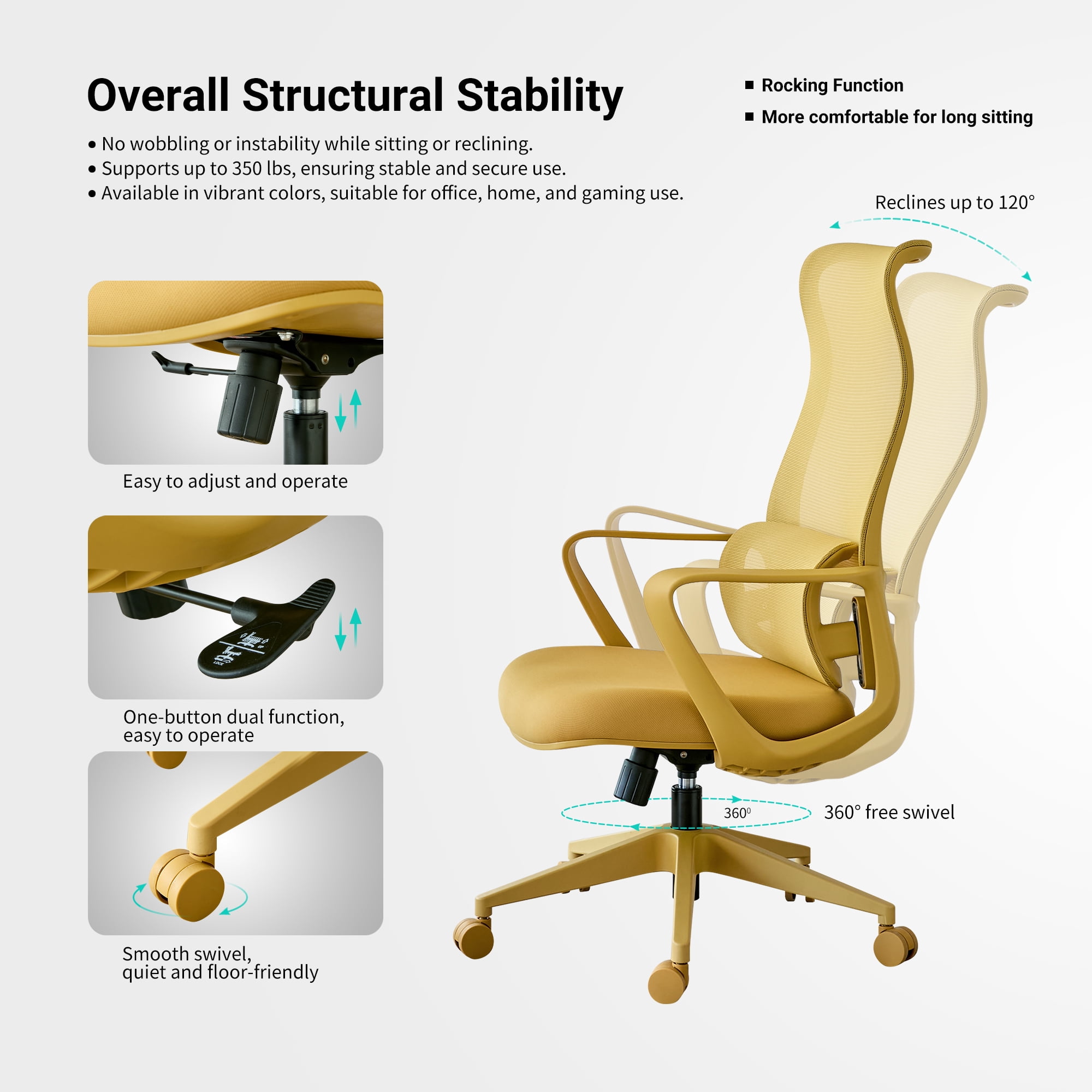 HOQBN Ergonomic Office Chair with 7-Level Adjustable Lumbar Support, Breathable Mesh High Back, Integrated Molded Foam Seat, 350lb Capacity, Yellow