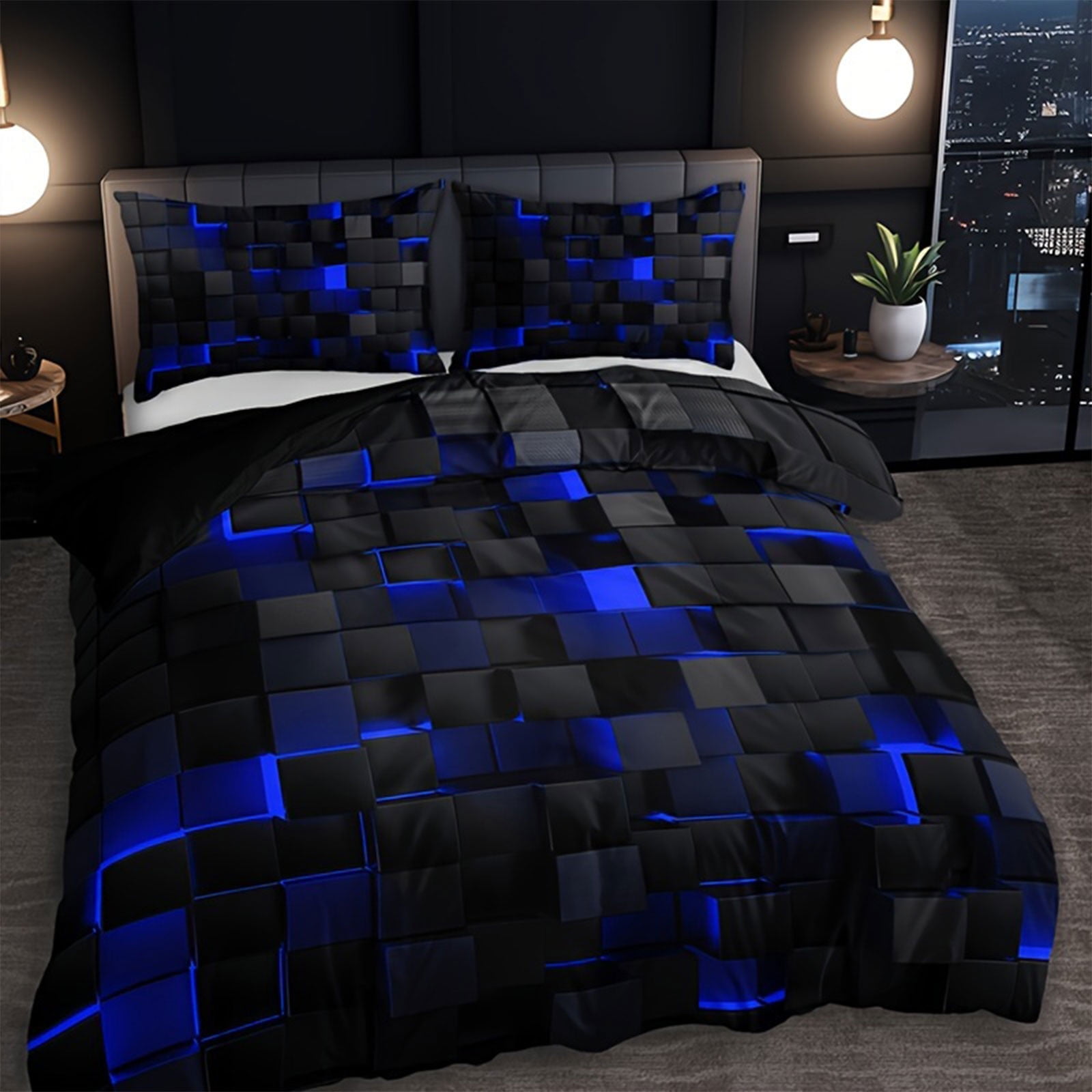 Duvet Cover Set, Black Bedding Set, 59X79 In, King Pillow Shams Set of 2, Bedroom Bedding, 3D Block Pattern, Blue Accent, Full Coverage 3 Set