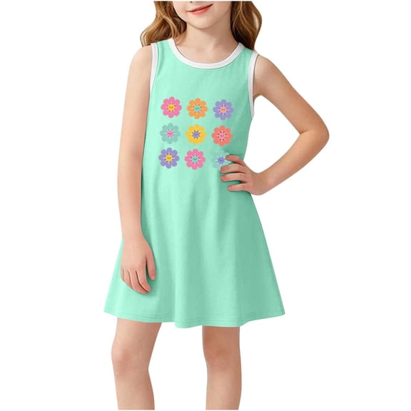Zpanxa Girls Summer Dress Girl's Casual Sundress Floral Print Sleeveless Round Neck Dresses Green 6 Years