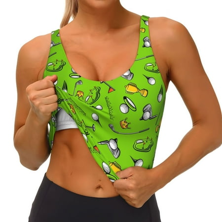 Qokaie Golf Sport Club Pattern Womens Scoop Neck Sports Bra Breathable Workout Vest Padded U Back Medium Impact Fitness Gym Yoga Bra Workout Crop Top
