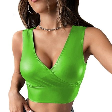 Sexy PU Faux Leather V-Neck Cropped Top Womens Lingerie Fashion High Street Sleeveless Vest Tank Tops Camis