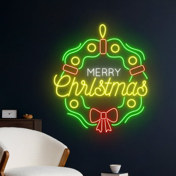 Handmadetneonsign Merry Christmas Wreath Neon Sign, Christmas Wreath Led Sign, Happy New Year Neon