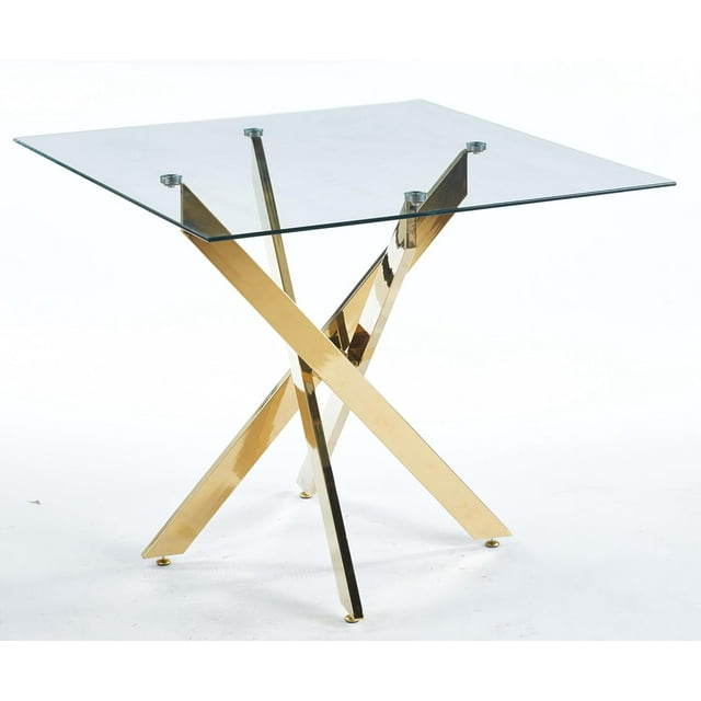 Table Carrée à Dessus en Verre avec Base en X Dorée - Table d'Appoint Moderne de 35 Pouces, Verre Trempé et Métal, Table d'Accent Chic pour Salon