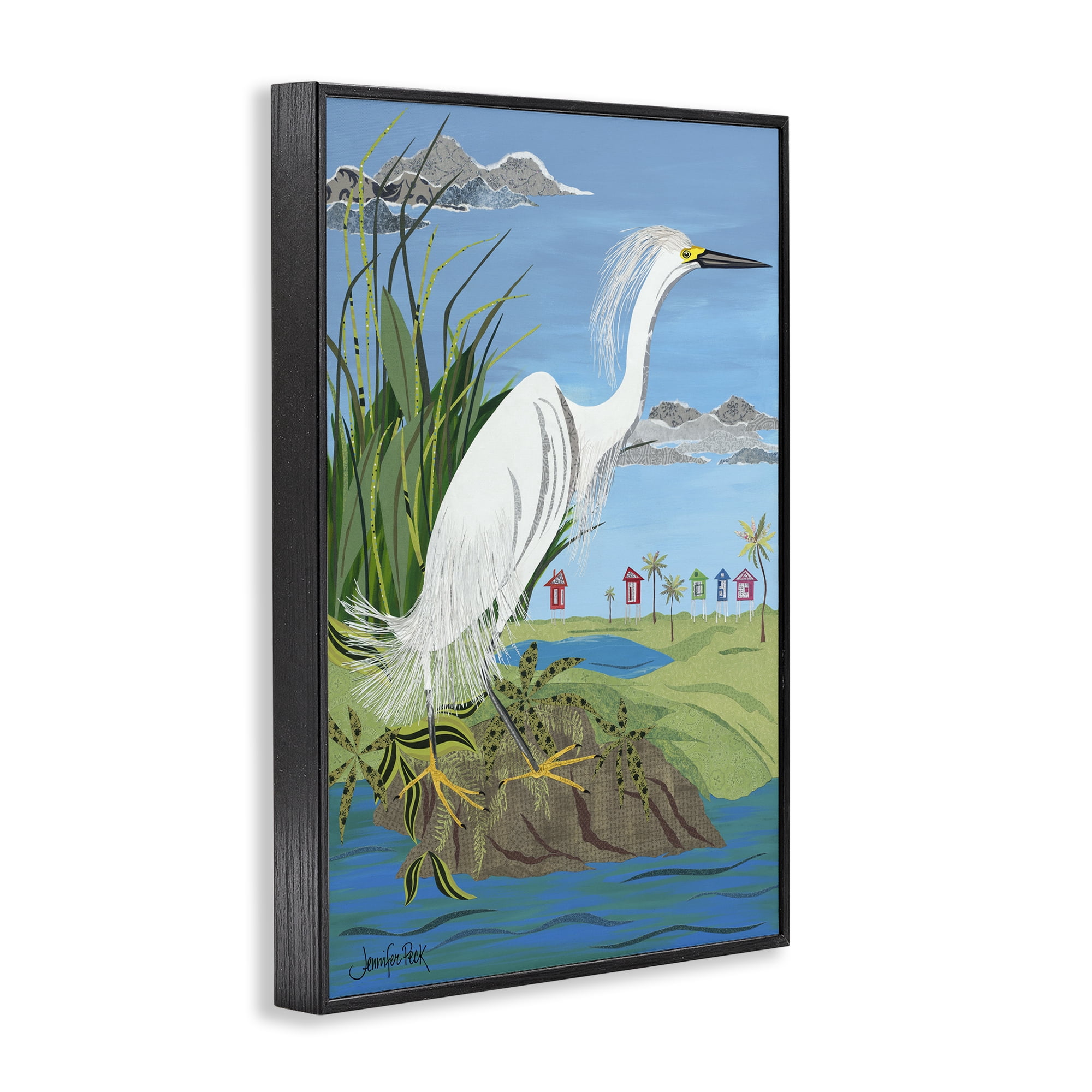 Stupell Industries Egret Perched on Shore Animals & Insects Painting Black Framed Art Print Wall Art, 16 x 24