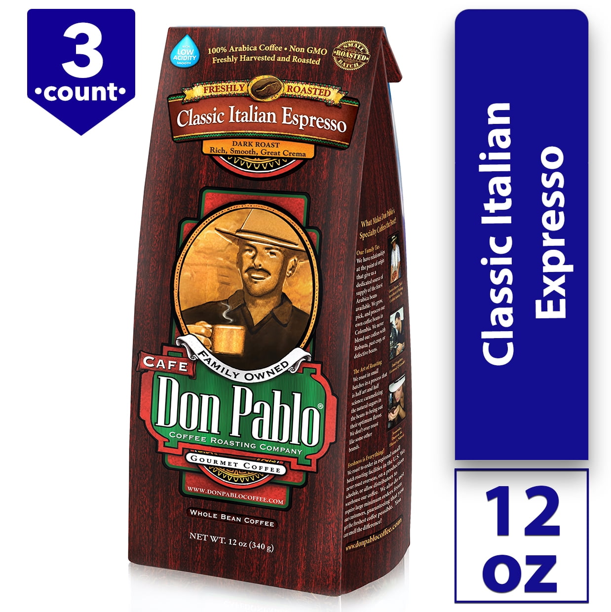 Don Pablo Classic Italian Espresso Whole Bean Coffee, Dark Roast, 12 oz, 3 Pack