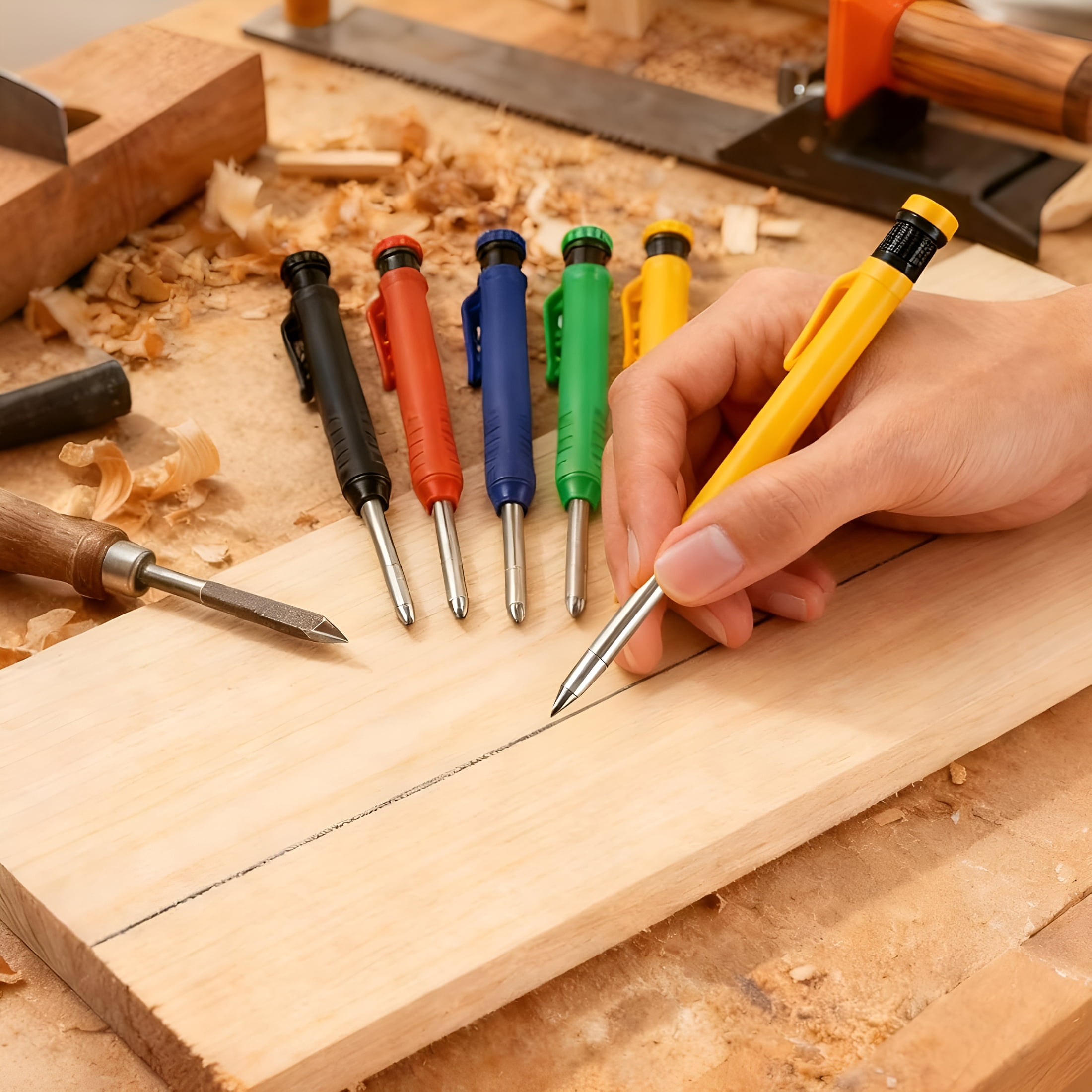 CCOCC 2026 New 12 Pcs Solid Carpenter Pencils with Built in Sharpener Long Nosed Deep Hole Mechanical Pencil Marker Construction with 72 Pcs 2.8Mm Refills for Drafting Architect Tool Woodworking