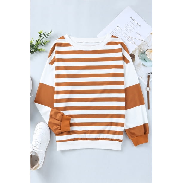 ABPHQTO Sudadera de mujer a rayas con hombros caídos y rayas marrones