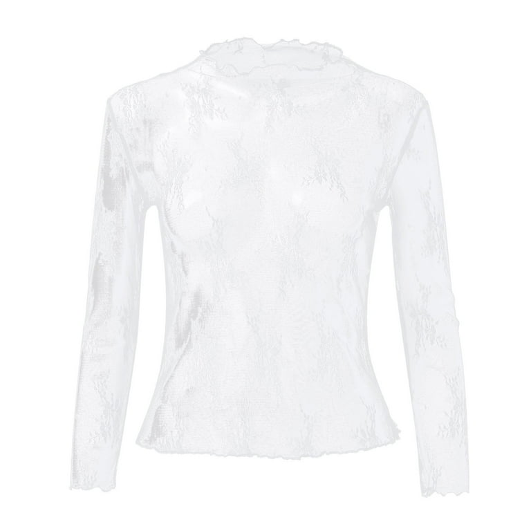Women's Long Sleeve Lace Mesh Tops Crew Neck Sheer Floral Women's Long Sleeve Lace Mesh Tops Crew Neck Sheer Floral