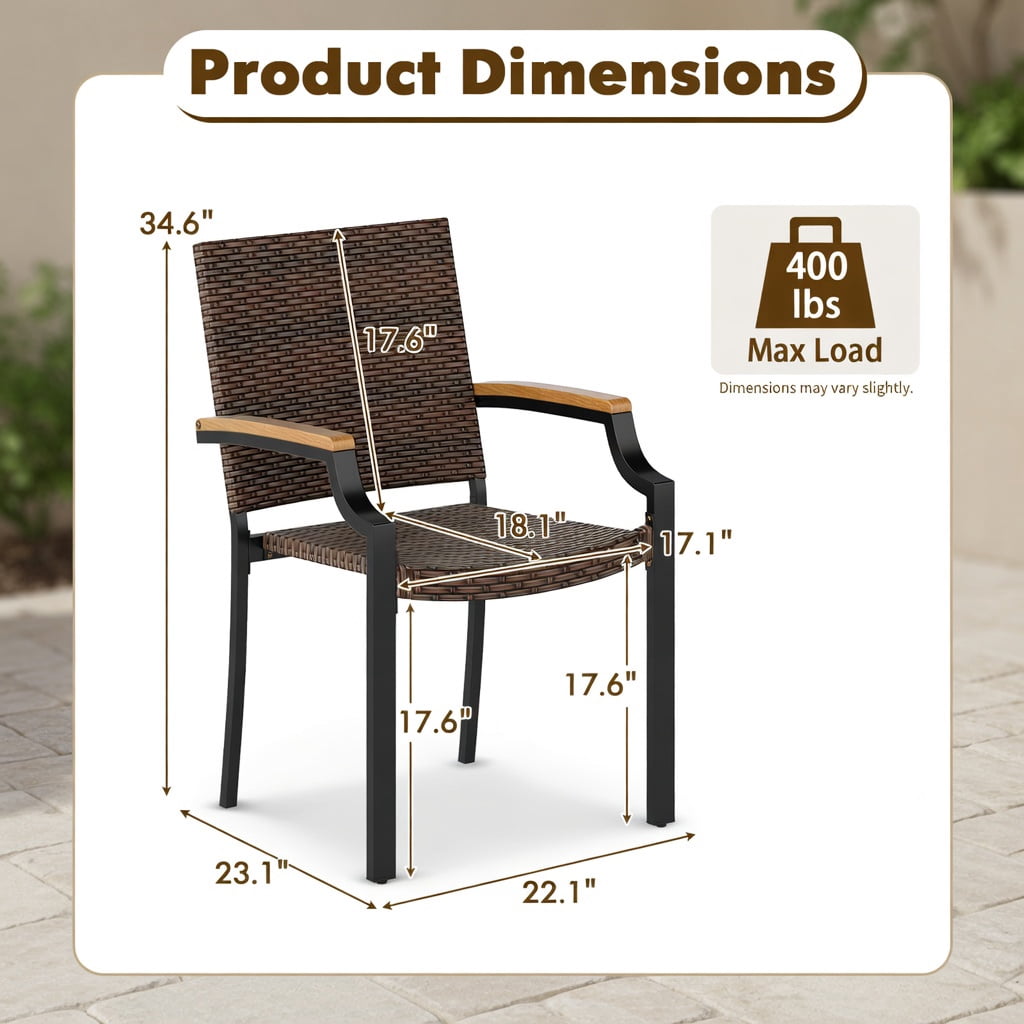 Hommoo 2-Piece Stackable Outdoor Dining Chairs, PE Rattan Wicker with Acacia Wood Armrests, Heavy-Duty Metal Frame, Weather-Resistant Patio Seating for Backyard, Porch & Garden, Brown