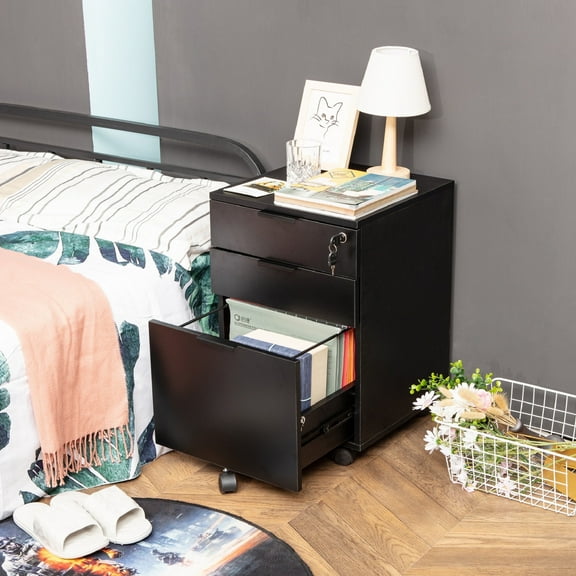 JJS 3 Drawer Rolling Wood File Cabinet with Locking Wheels, Home Office Portable Vertical Mobile Wooden Storage Filing Cabinet for Letter Size, Black